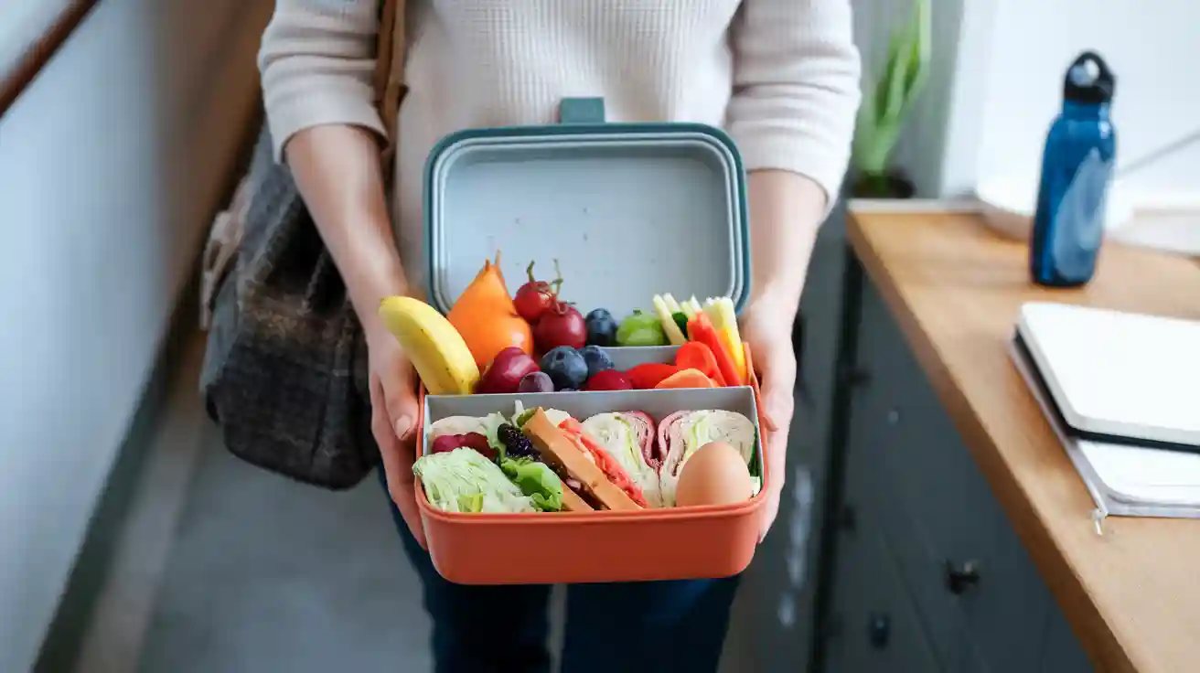 Fresh vegetable and fruit lunch box with sandwiches, eggs, and assorted produce, ready for a nutritious meal. Perfect for work or school lunch, featuring eco-friendly design and healthy food options.