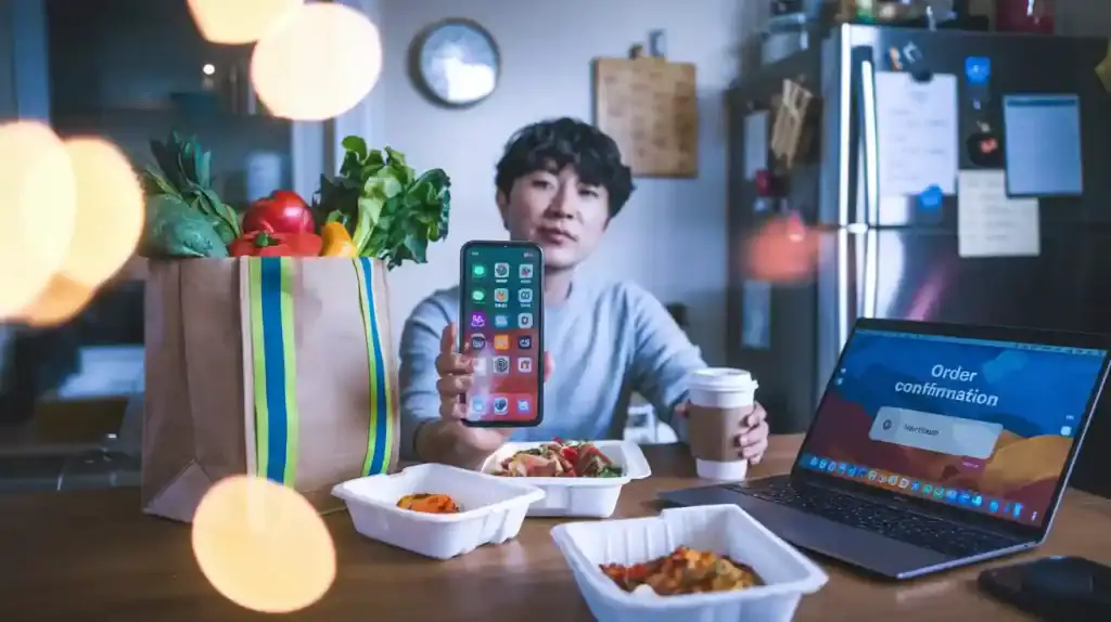Brightly lit kitchen scene with a young man showcasing a smartphone, surrounded by takeout food containers, a laptop with an order confirmation screen, and a paper grocery bag filled with fresh produce, emphasizing modern convenience and online shopping.