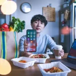 Brightly lit kitchen scene with a young man showcasing a smartphone, surrounded by takeout food containers, a laptop with an order confirmation screen, and a paper grocery bag filled with fresh produce, emphasizing modern convenience and online shopping.