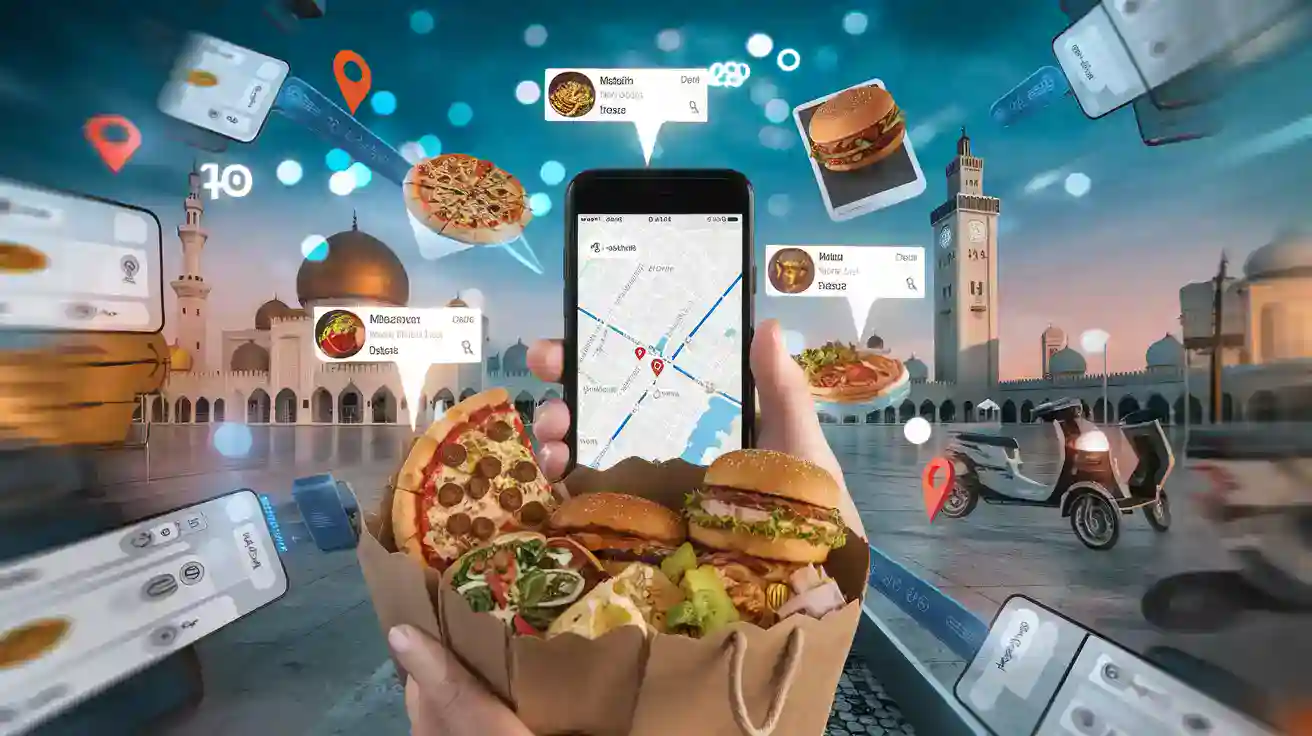 Hot and cold pizza and burger delivery in front of a modern city skyline with digital map and mobile phones showing food delivery apps and GPS locations, illustrating online food ordering and delivery services.