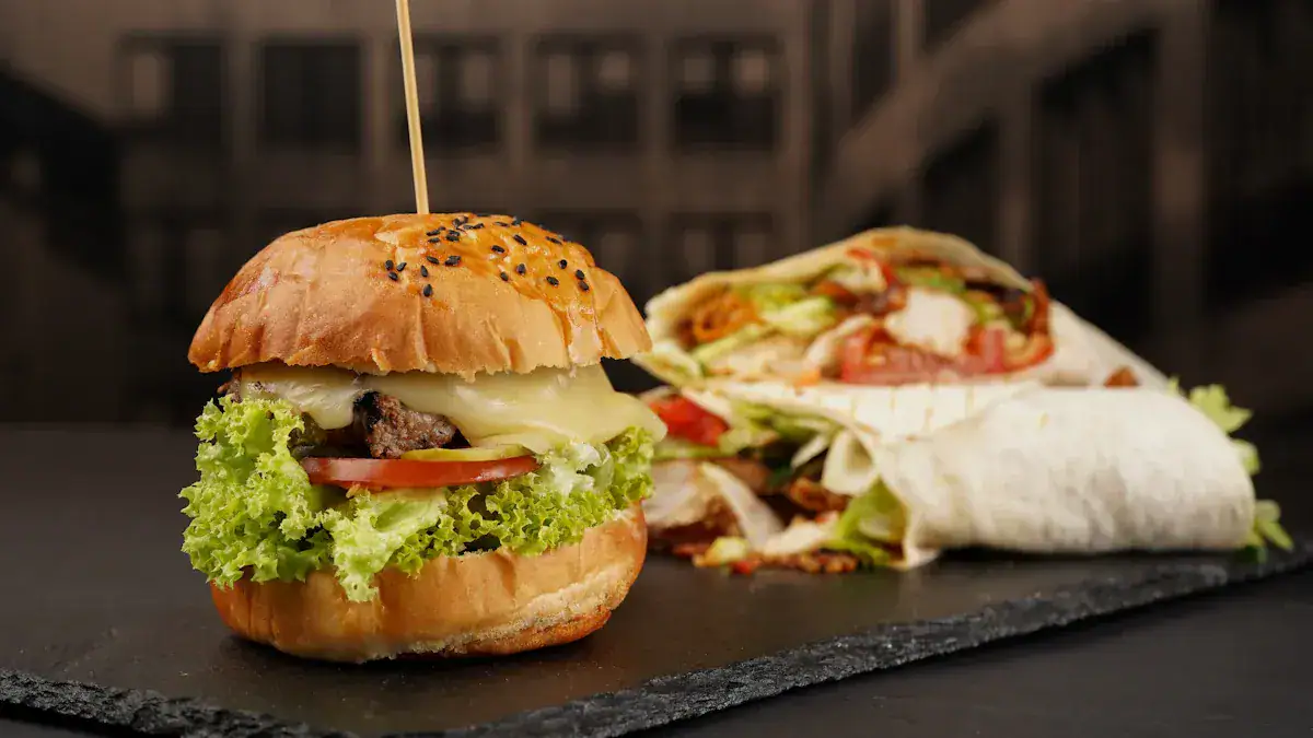 Grilled hamburger with lettuce, tomato, cheese, and beef patty on a sesame seed bun, served alongside a fresh wrap filled with vegetables and meats on a black slate serving board.