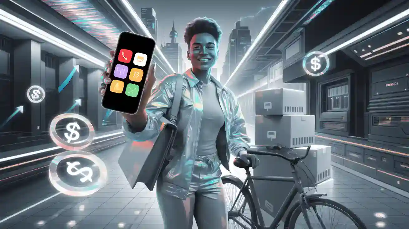 Futuristic woman with a bicycle in a high-tech urban environment holding a smartphone displaying colorful app icons.