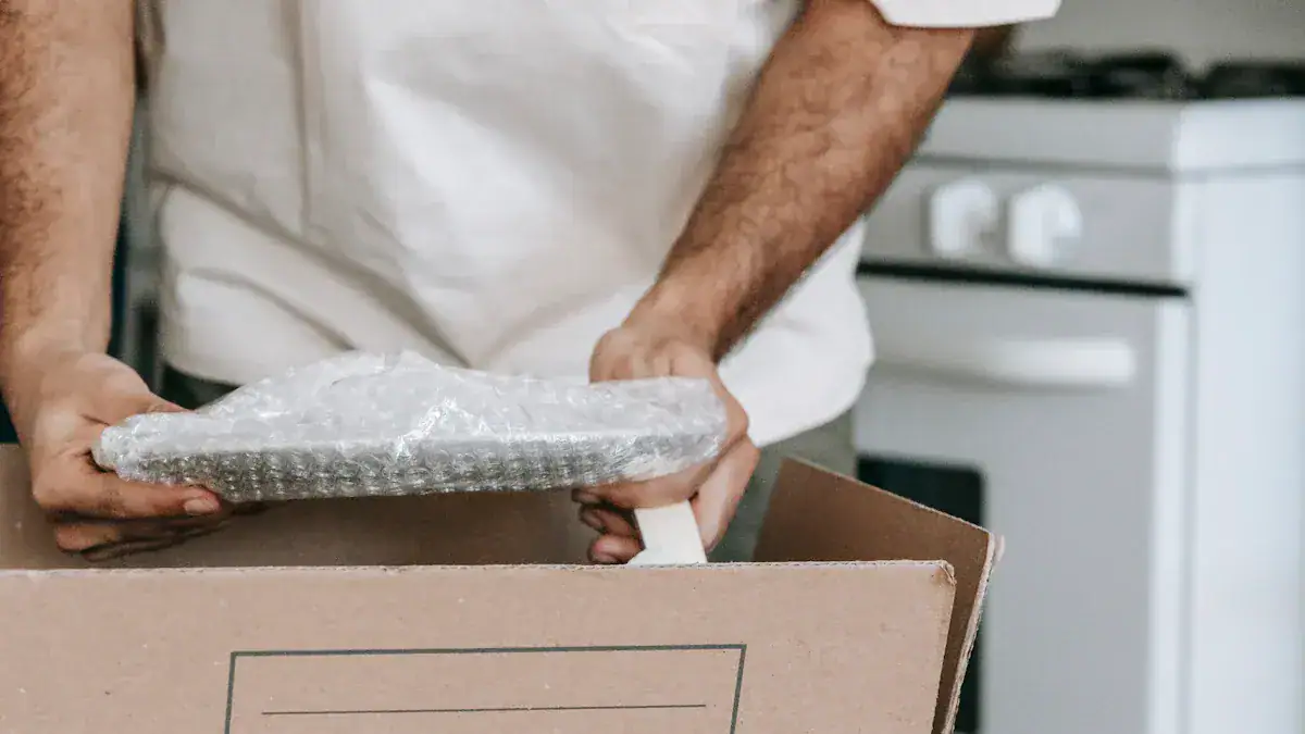 High-quality packaging materials being packed in a cardboard box, ready for shipment or delivery.