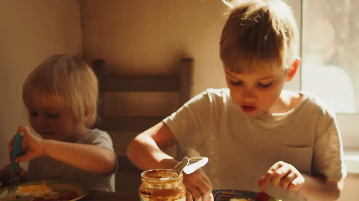 Nutrition-conscious children enjoying breakfast at the kitchen table.