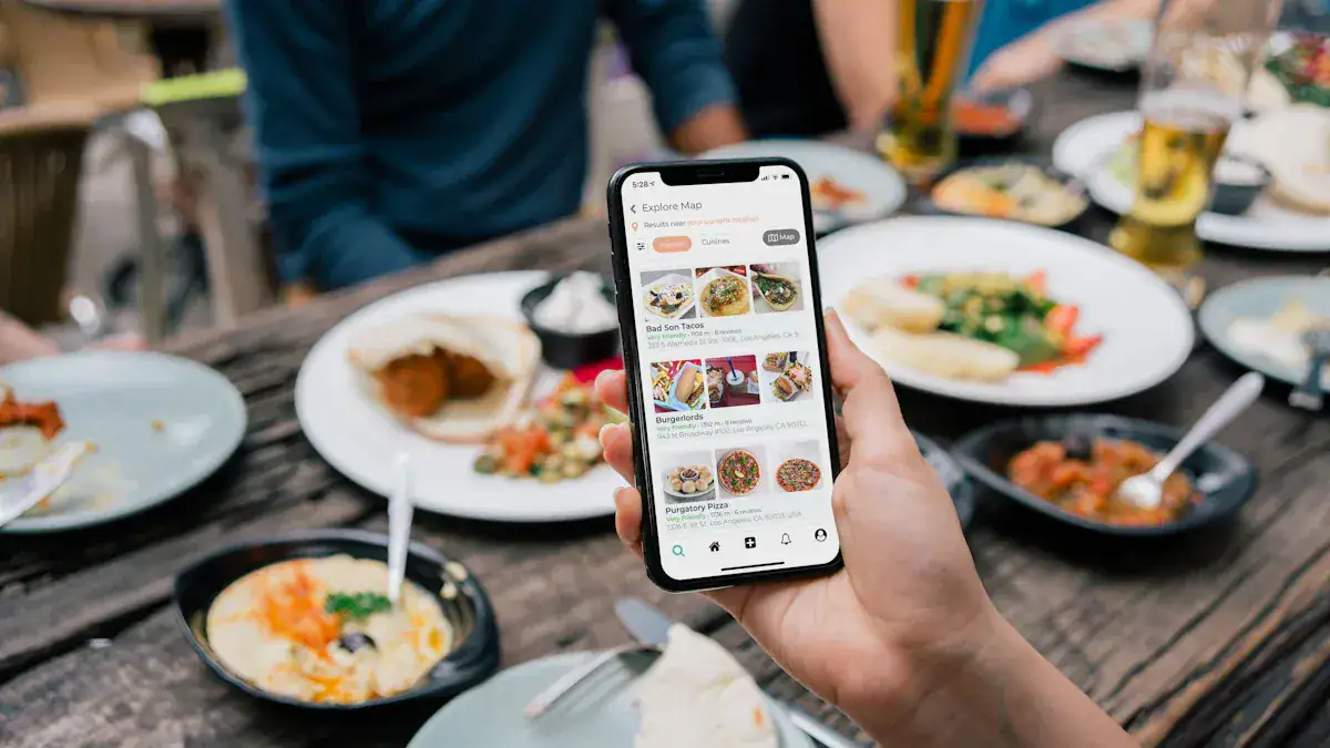 Custom restaurant dining scene with a person browsing food delivery app on smartphone, surrounded by various dishes and beverages.