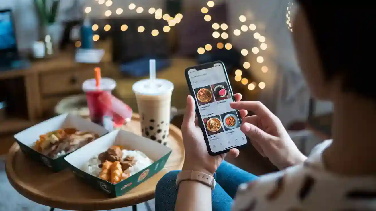 Fast food ordering on smartphone with bubble tea drinks and food boxes on wooden table, cozy home decor with string lights in background.