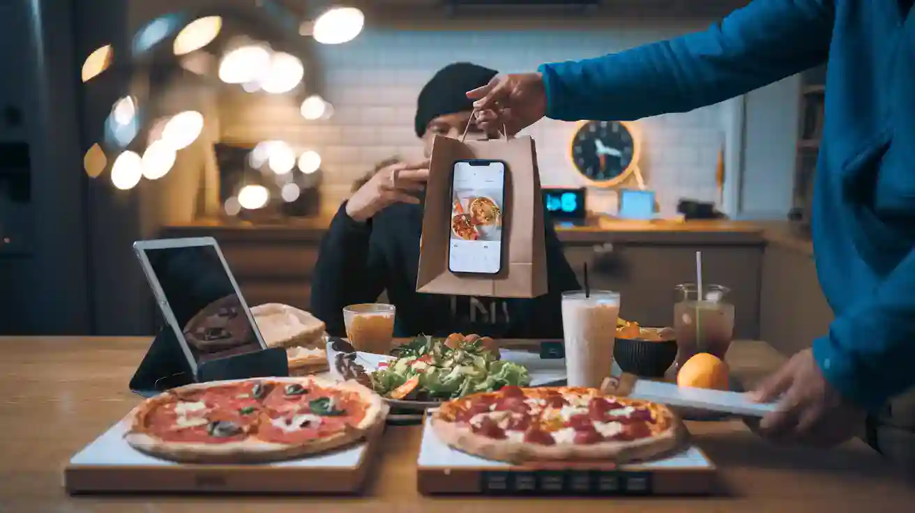 Delivering pizza in a restaurant, people enjoying food and drinks, casual dining scene, busy pizzeria interior, modern restaurant atmosphere with customers and staff in uniform.
