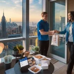 Delivery person handing over a package to a smiling woman on an office balcony with a New York City skyline view at sunset.
