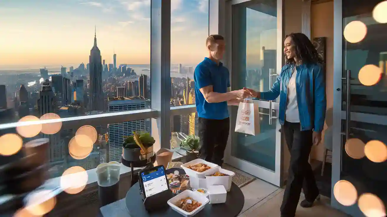 Delivery person handing over a package to a smiling woman on an office balcony with a New York City skyline view at sunset.