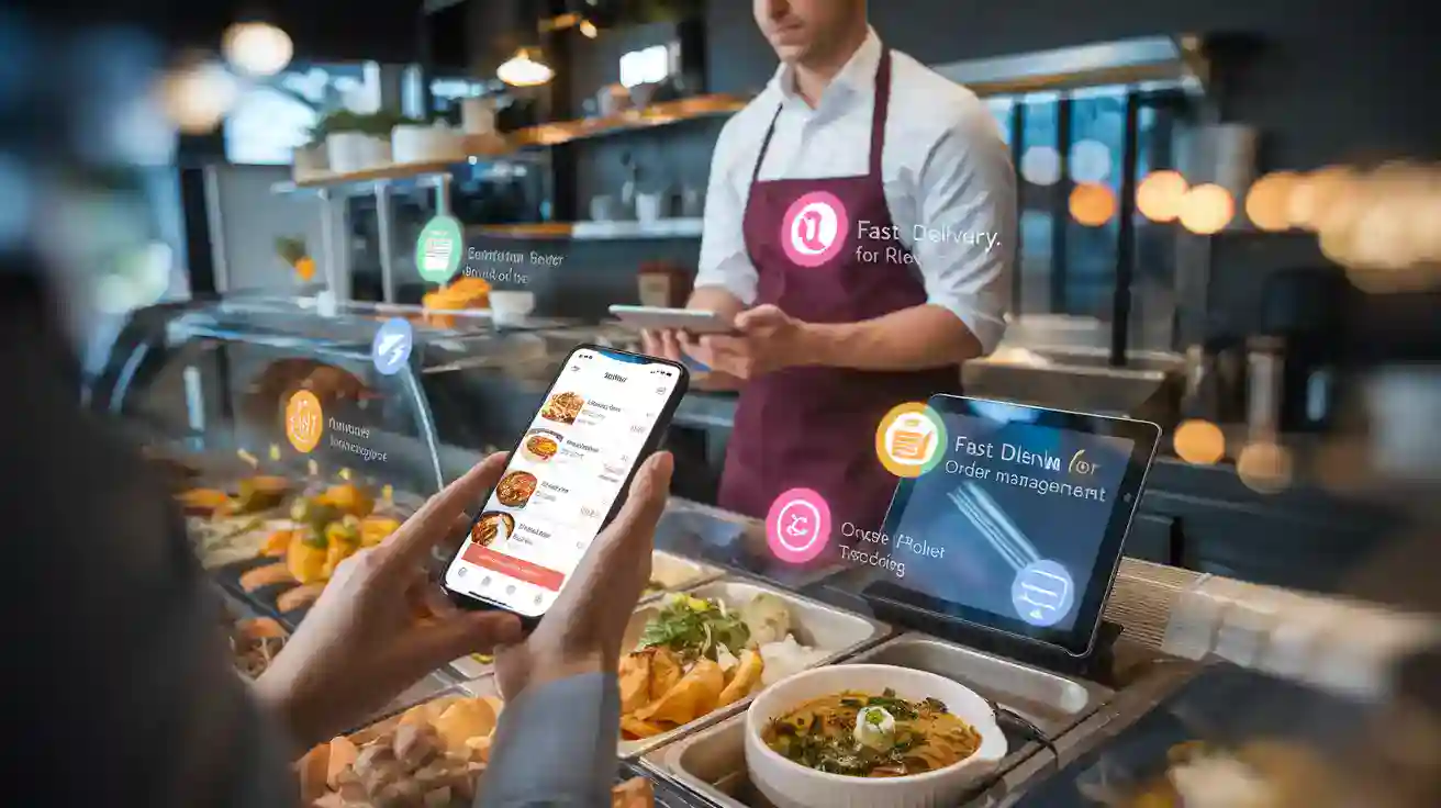 Modern restaurant staff wearing custom uniforms working at the counter with digital ordering screens and customers using mobile devices for ordering.