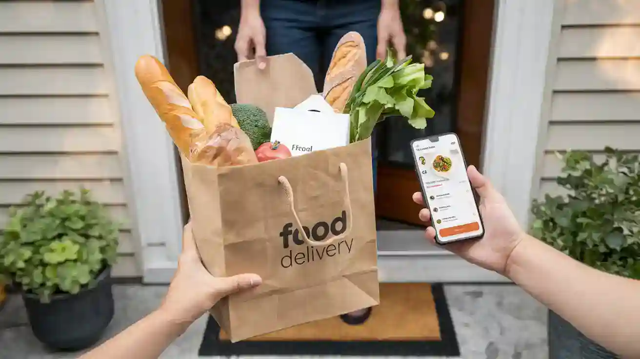 Fresh groceries in a food delivery bag being handed to a customer using a mobile app at the doorstep.