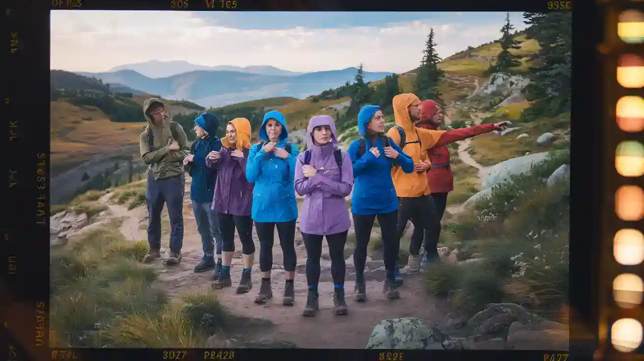 Brightly colored outdoor jackets worn by a group of hikers on a mountain trail during daytime.