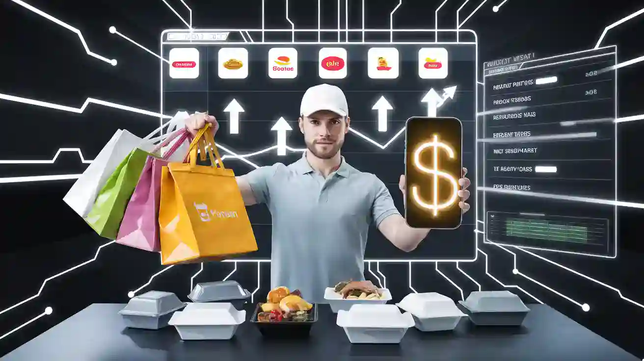 A man holding shopping bags and a smartphone with a dollar sign, surrounded by digital graphics and food containers, symbolizes online food ordering, e-commerce, and digital transactions.