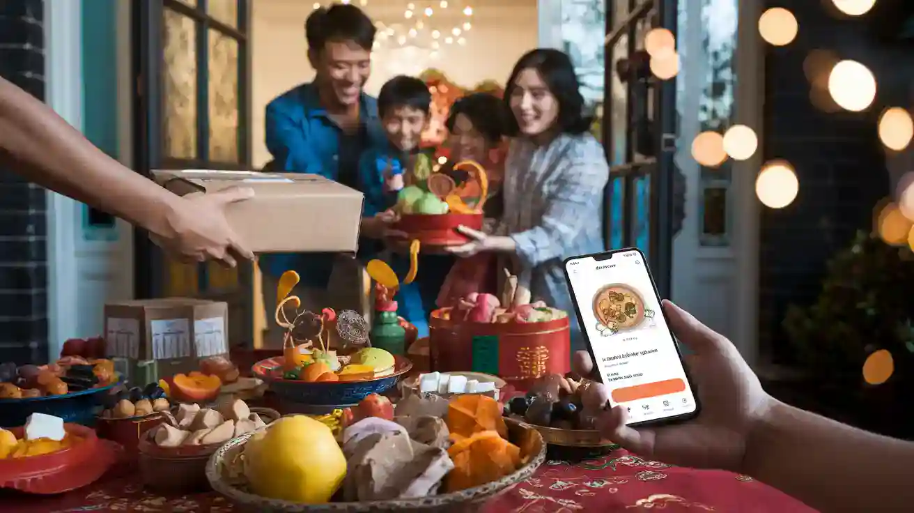Brightly lit family celebration with colorful decorations and traditional snacks, capturing a joyful moment of exchanging gifts and enjoying festive treats.