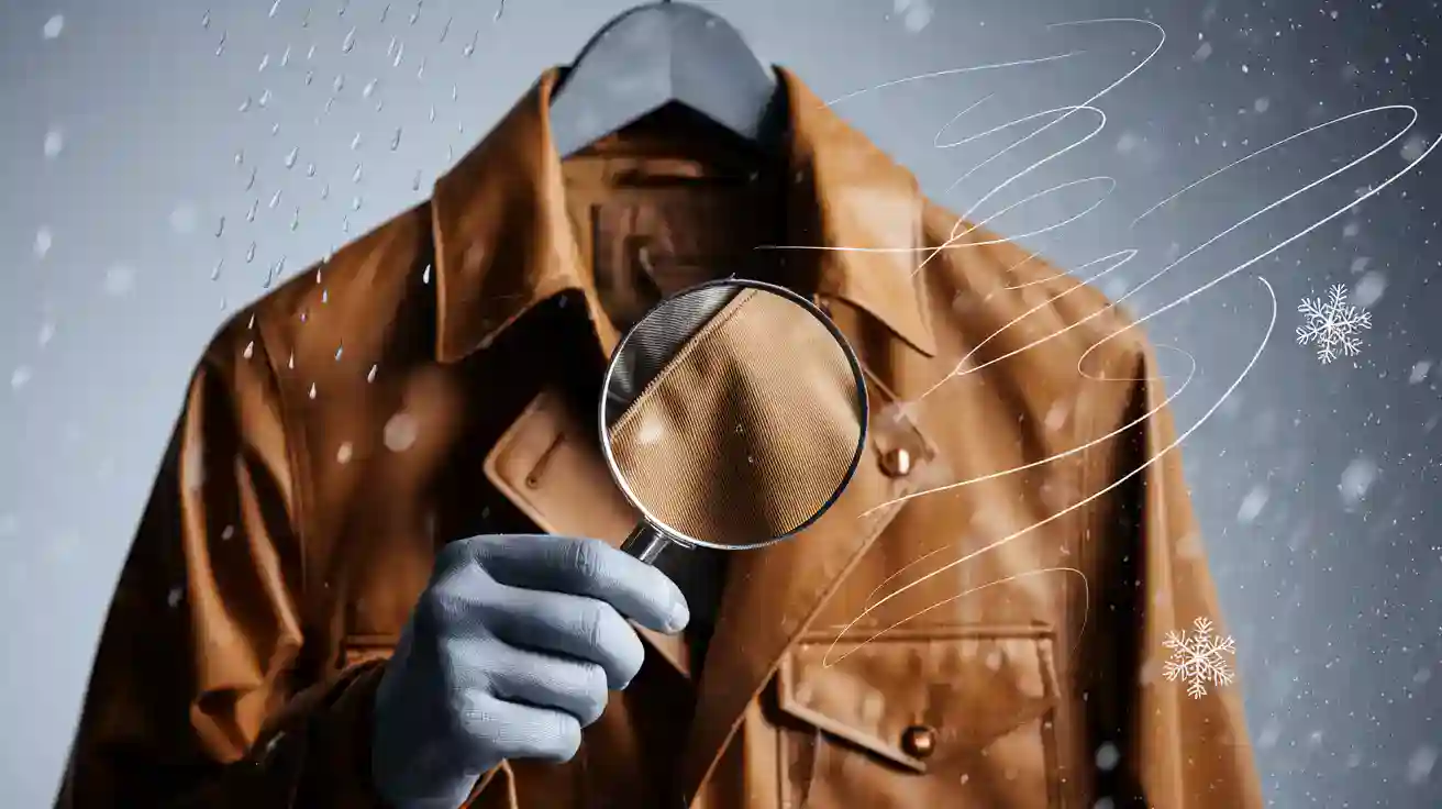 High-quality brown work jacket, magnified fabric close-up, professional clothing for industrial workers, durable uniform with detailed stitching, winter wear for harsh environments.