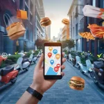 Fast food items like burgers, fries, pizza, and beverages floating in the air over a city street with scooters and shopping bags, illustrating food delivery services and urban street food culture.
