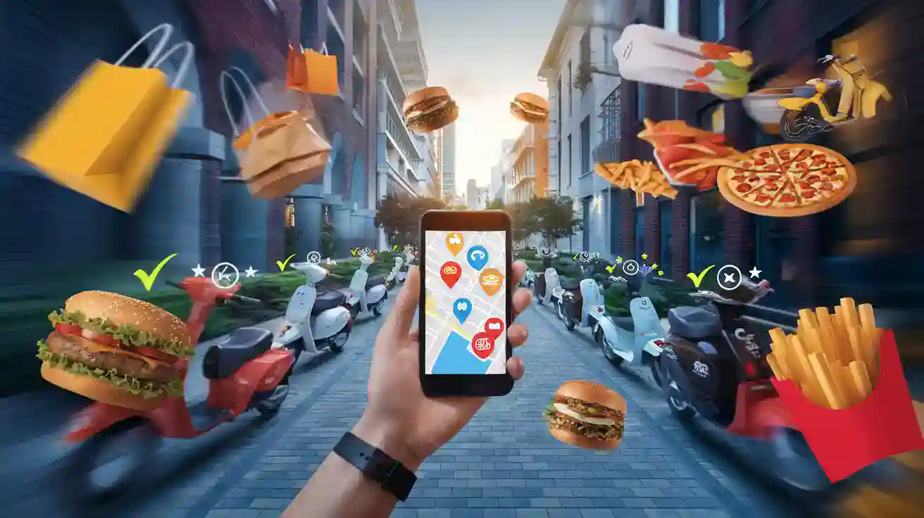 Fast food items like burgers, fries, pizza, and beverages floating in the air over a city street with scooters and shopping bags, illustrating food delivery services and urban street food culture.