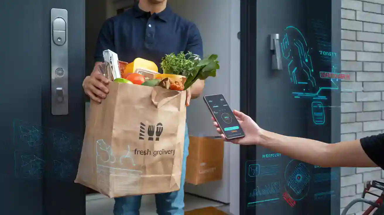 A person receives a grocery delivery at the door with digital security and smart technology graphics overlay.