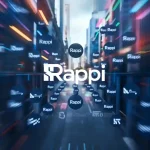Rappi logo displayed in a dynamic, futuristic cityscape background with neon lights and digital effects, emphasizing modern branding and innovative logistics services.