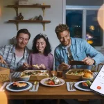 Freshly prepared meal delivery, family enjoying dinner, and smartphone app for food order tracking at home.
