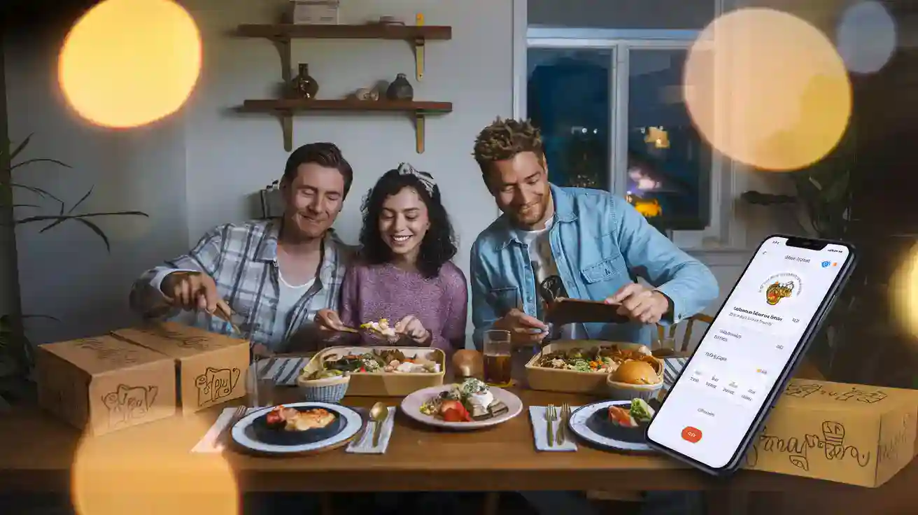 Freshly prepared meal delivery, family enjoying dinner, and smartphone app for food order tracking at home.