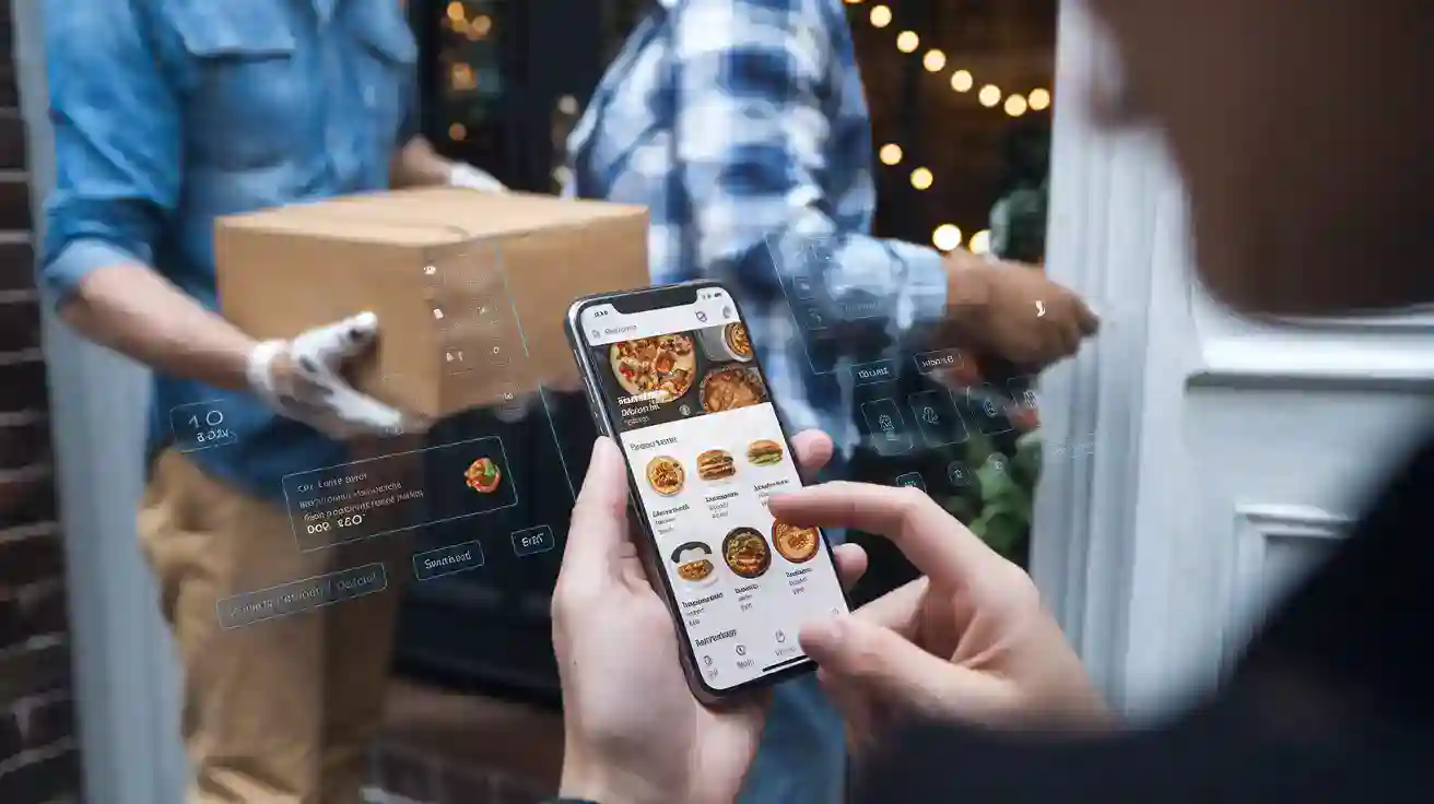 Delicious pizza menu showing on a smartphone screen held by a person during food delivery at night.