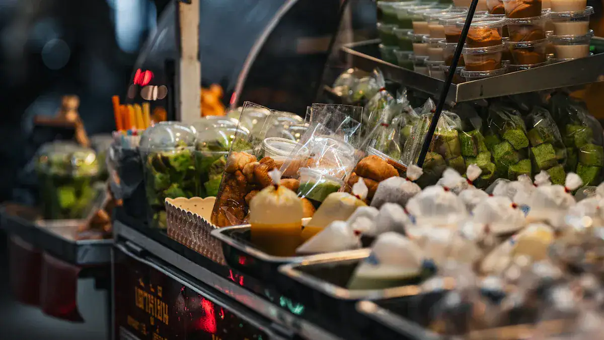 Fresh tropical fruits and snacks displayed at a market stall, highlighting vibrant and colorful offerings in a bustling outdoor setting.