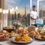 Diverse people celebrating with food and gifts in a high-rise apartment with city skyline view, emphasizing the importance of hospitality uniforms.