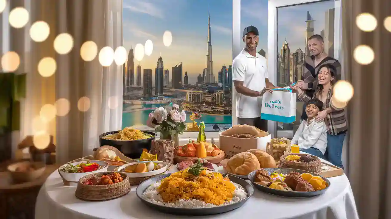 Diverse people celebrating with food and gifts in a high-rise apartment with city skyline view, emphasizing the importance of hospitality uniforms.