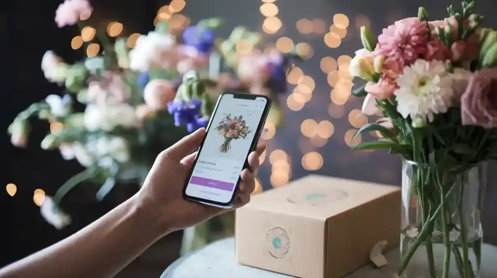 Vibrant flower bouquet with pink and white blossoms in a glass vase on a dark background with bokeh lights.