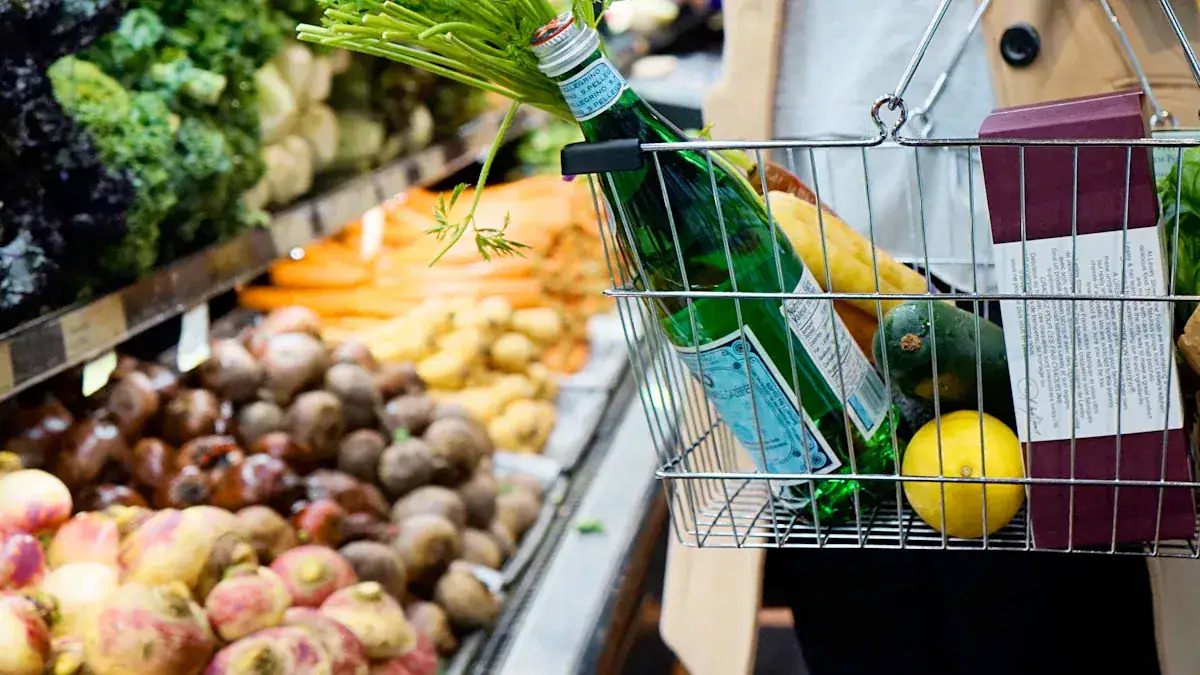 Bottle of sparkling water and fresh vegetables in shopping cart at grocery store produce section - vibrant organic food shopping experience.