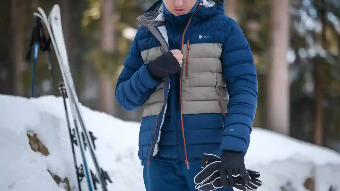 Warm blue and gray insulated outdoor jacket perfect for winter activities, worn by a person in the snowy forest. Designed for durability and comfort, suitable for outdoor workwear and sports.
