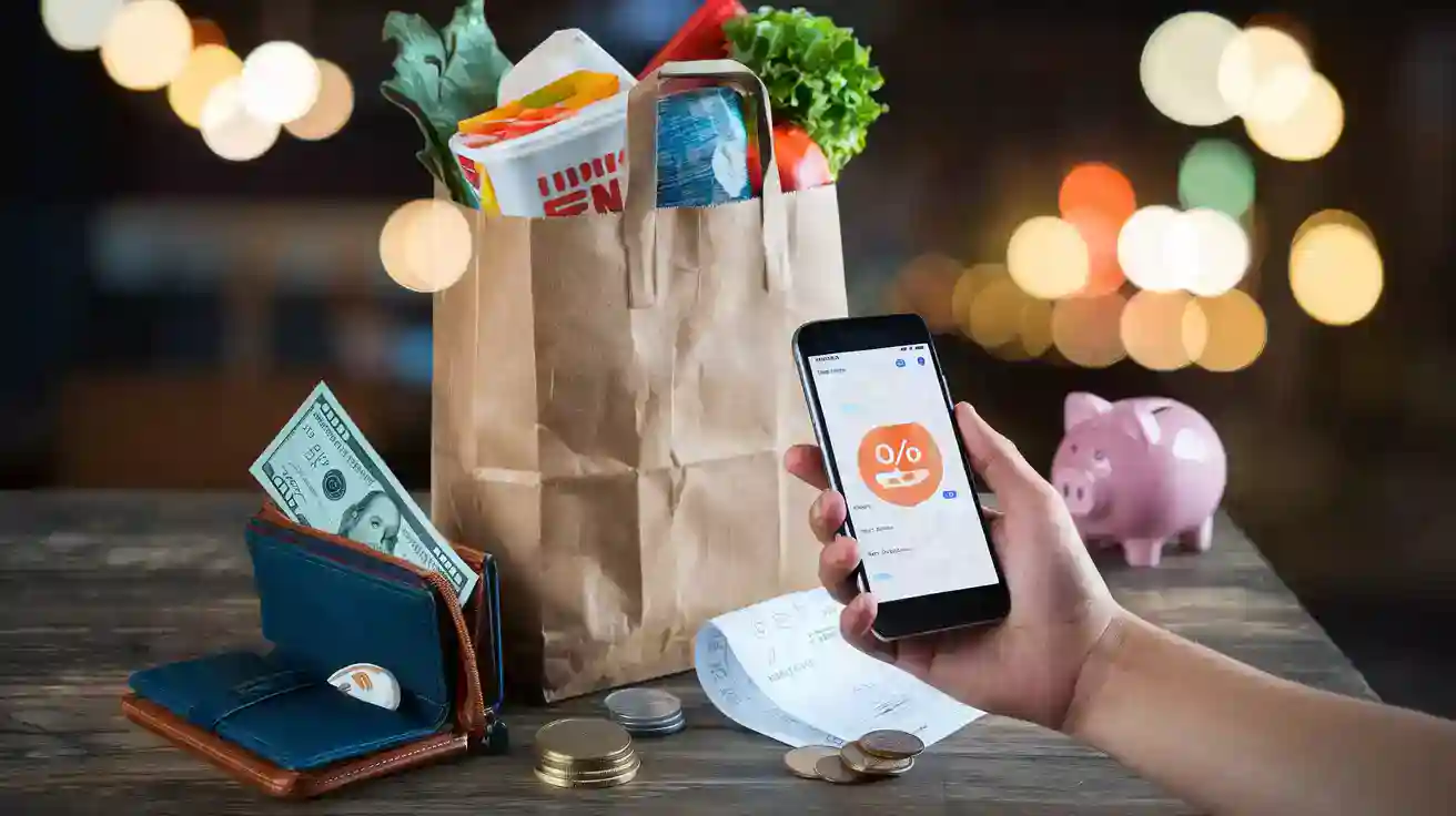 Reusable shopping bag with groceries and cash on table, person making digital payment via smartphone.