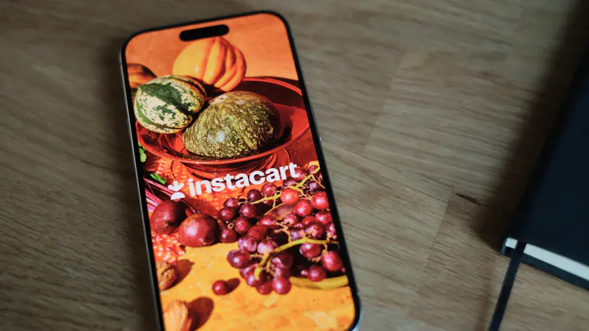Vivid image of a smartphone displaying the Instacart app with fresh fruits and vegetables, highlighting online grocery shopping. Seamlessly showcasing modern technology for convenient food delivery.