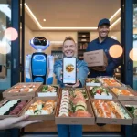 Robot and delivery personnel showcasing custom sushi boxes in a modern restaurant.