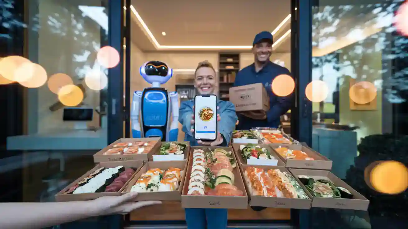 Robot and delivery personnel showcasing custom sushi boxes in a modern restaurant.