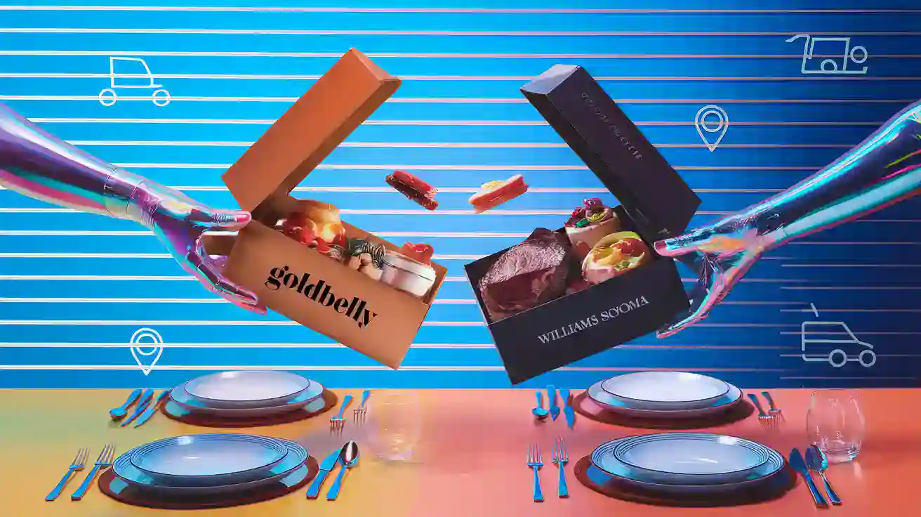 Colorful cake boxes being exchanged over a dinner table with plates, forks, and knives, against a vibrant, digitally-inspired background with transportation icons.