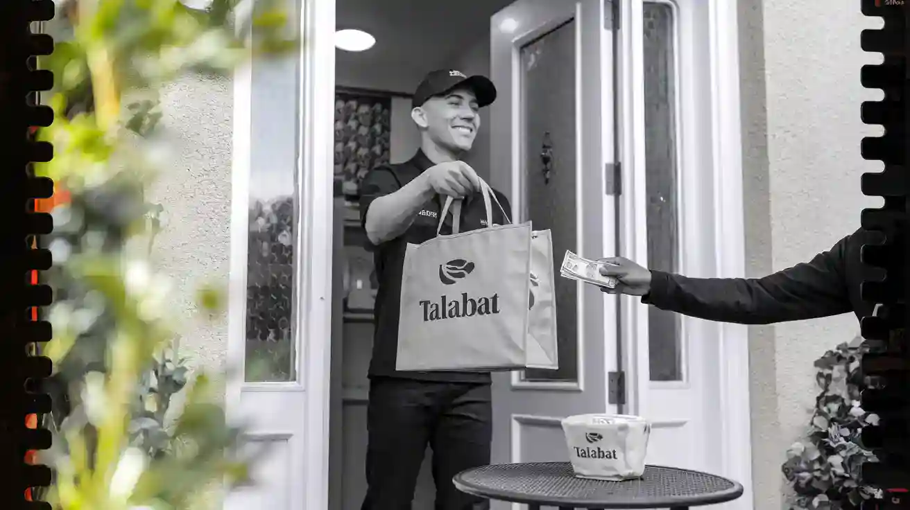 Freshly delivered Talabat food order being handed over at the doorstep with delivery staff wearing customized uniforms. The image highlights professional clothing for food delivery services.