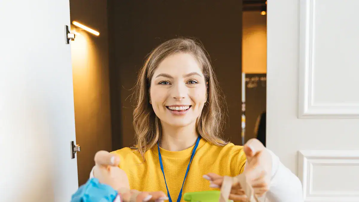 Bright smiling woman in yellow work uniform at workplace, friendly worker holding tools, professional attire, manufacturing environment, safety and hygiene standards, factory worker, industrial clothing, team member at work, factory setting.