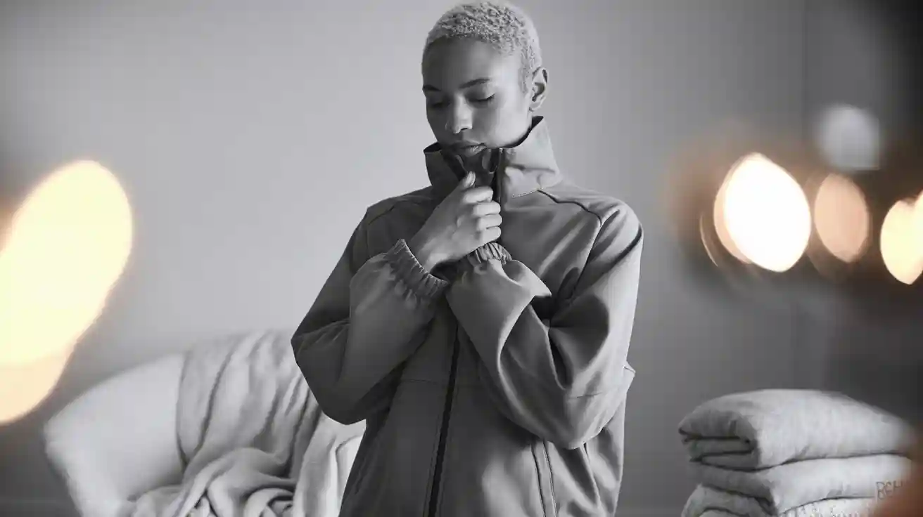 Modern gray work jacket with high collar and elastic cuffs, modeled by a woman in a casual indoor setting.