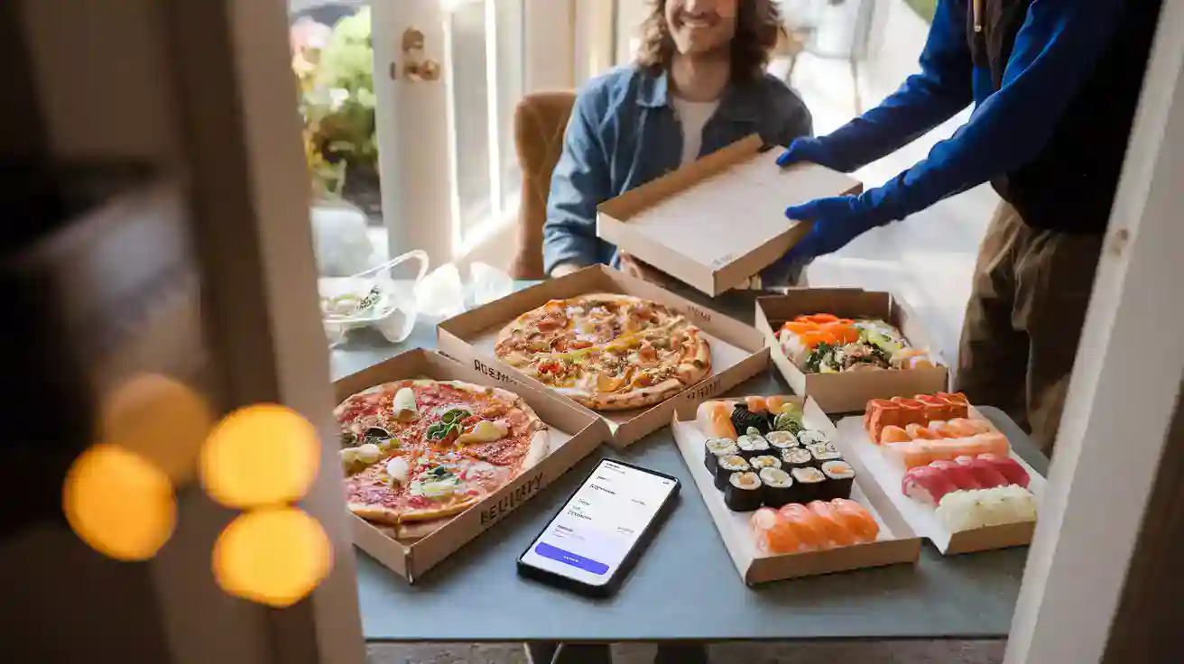 Freshly delivered pizza and sushi boxes on a table with a delivery person handing over the food to a smiling customer, showcasing food delivery service.