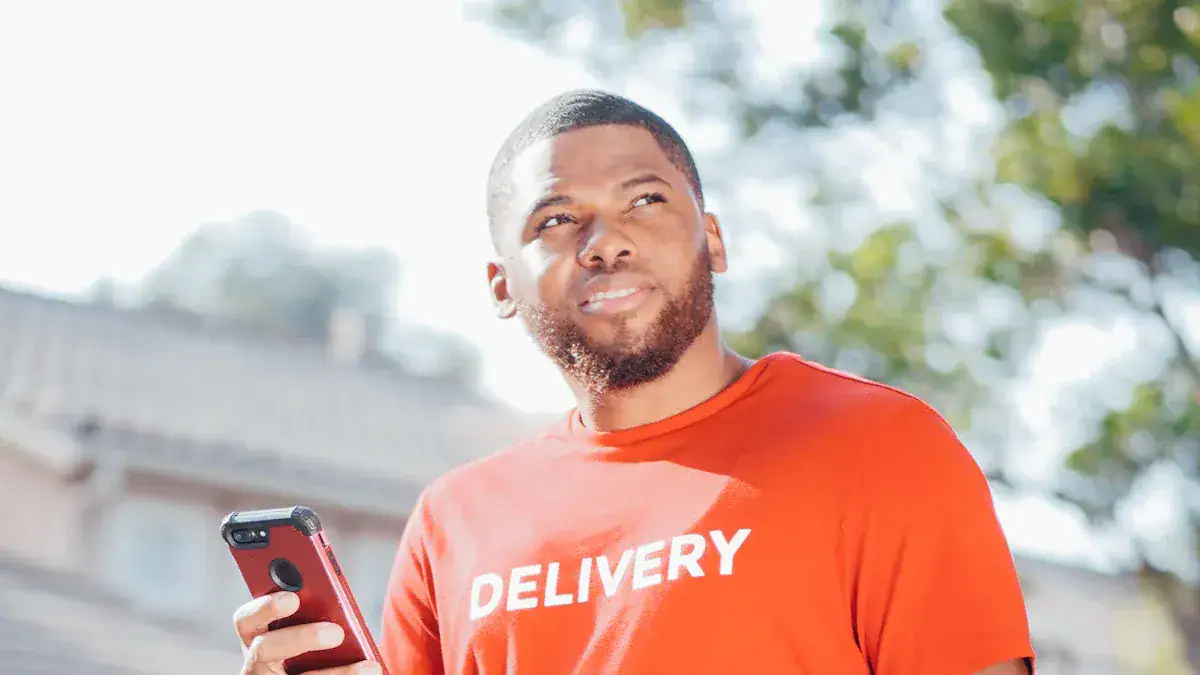 High-quality custom delivery uniform in bright orange with bold white "DELIVERY" print for professional courier service. Perfect for on-duty delivery personnel.