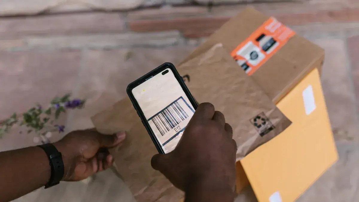 Barcode scanning packaging in a warehouse, highlighting efficient inventory management.