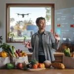 A woman interacts with a futuristic virtual grocery shopping interface in a modern kitchen, surrounded by fresh vegetables and produce, demonstrating innovative smart home technology integration.