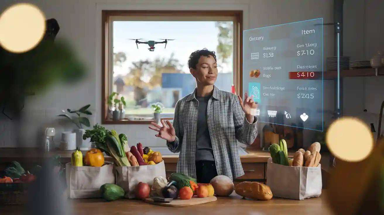 A woman interacts with a futuristic virtual grocery shopping interface in a modern kitchen, surrounded by fresh vegetables and produce, demonstrating innovative smart home technology integration.