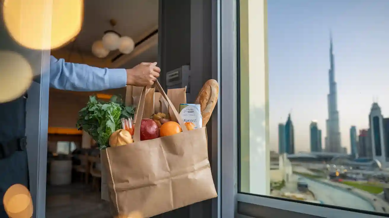 Corrugated kraft paper grocery bag with fresh produce, bread, and groceries at the entrance of a modern apartment with a city skyline view in Dubai.