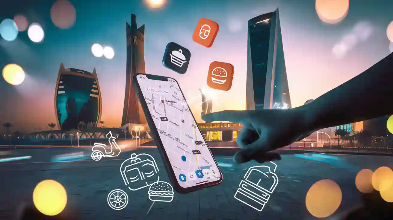 Mobile app for food delivery in front of Dubai cityscape at dusk, with icons of food and delivery services floating around, representing digital food ordering and urban food delivery services, modern technological concept, vibrant nightlife background.
