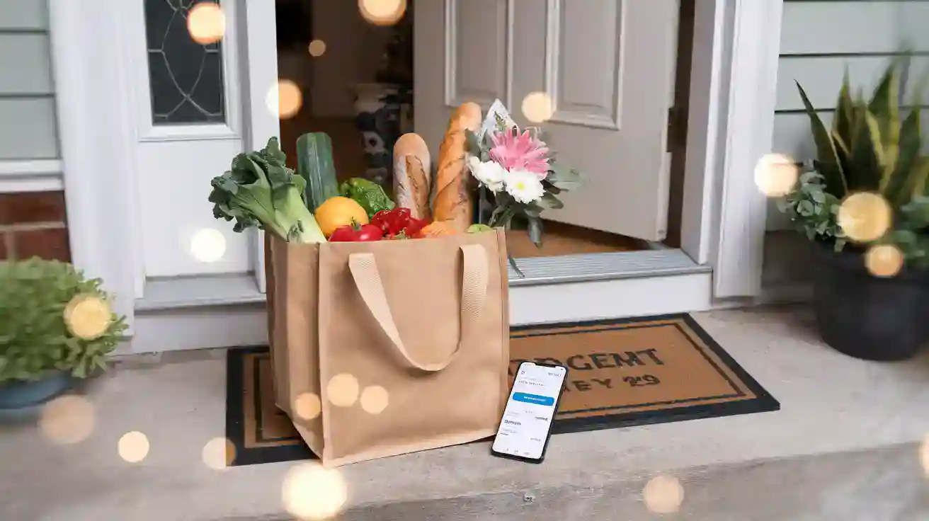 Fresh groceries in a paper bag on a front porch with a smartphone nearby.
