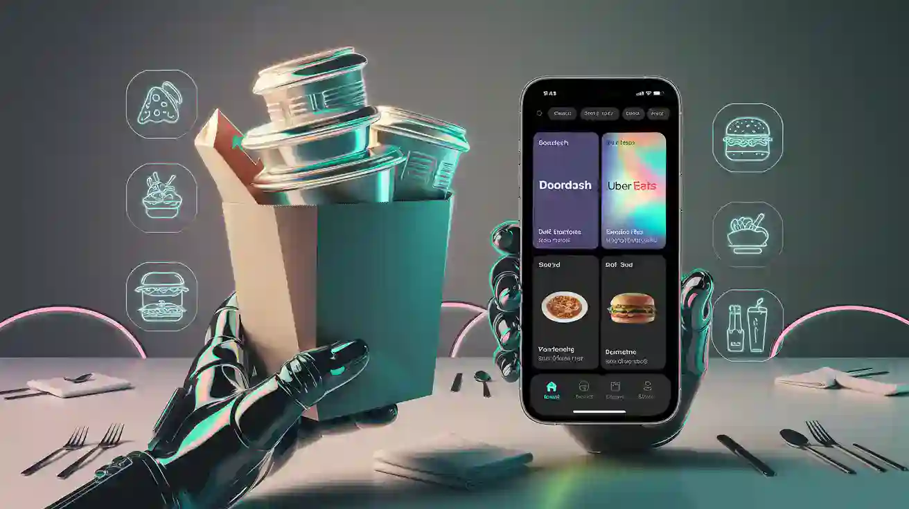 Disposable food containers for takeout, stacked in a box with a smartphone displaying food delivery apps, surrounded by icons of various food items, set on a dining table with utensils and napkins.