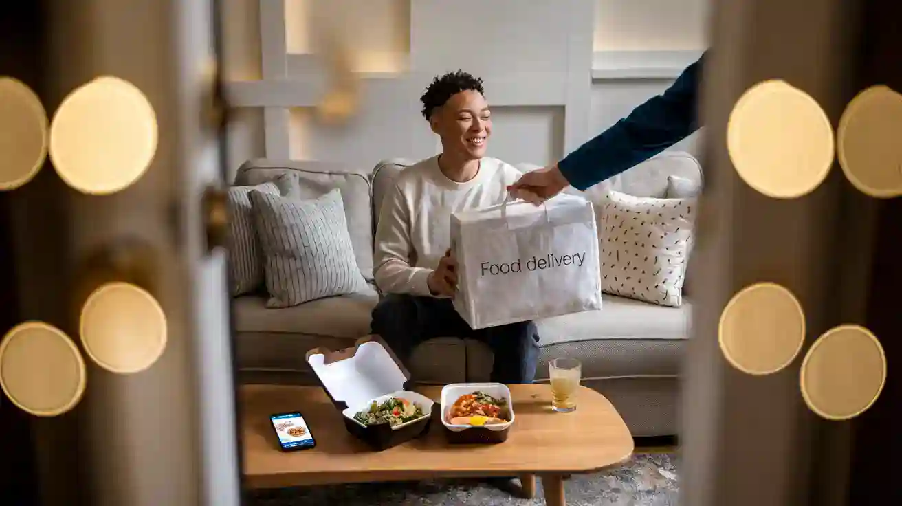 Fresh food delivery person handing over a meal to a smiling woman sitting on a cozy sofa in a modern living room. The scene captures a friendly food delivery experience.